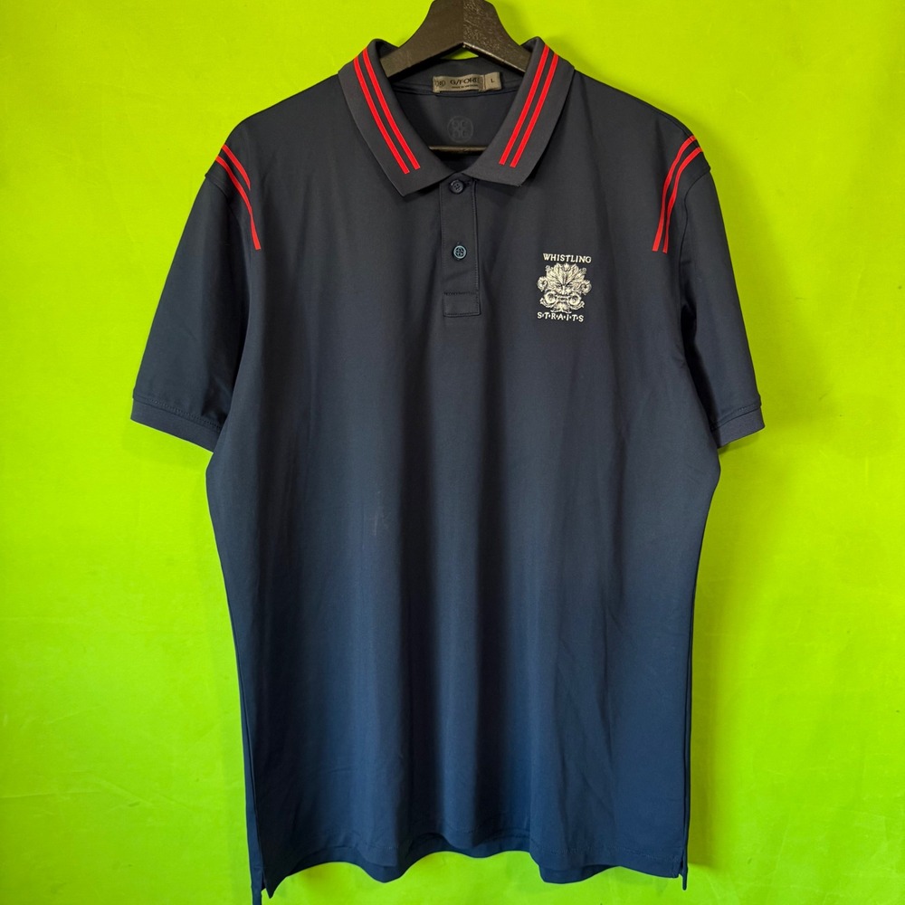 G/FORE Embroidered Mens Large Navy Blue Red Stripe Golf Polo Shirt